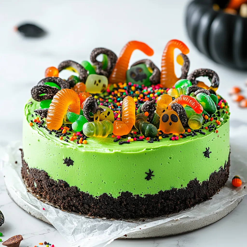 Witch's Cauldron Cheesecake with Dark Chocolate Ganache and Spooky Decorations - main view